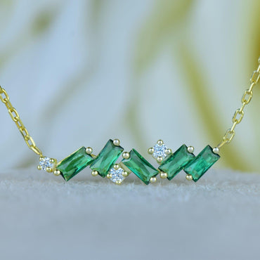 14k Gold Baguette Cut Emerald Solid Gold Emerald Gemstone Pendant Chain Necklace - JBR Jeweler