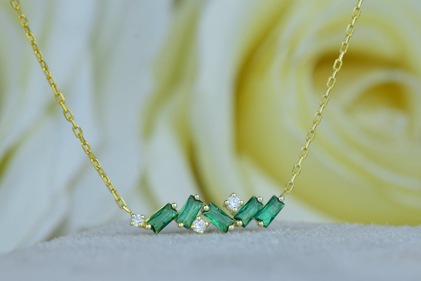 14k Gold Baguette Cut Emerald Solid Gold Emerald Gemstone Pendant Chain Necklace - JBR Jeweler