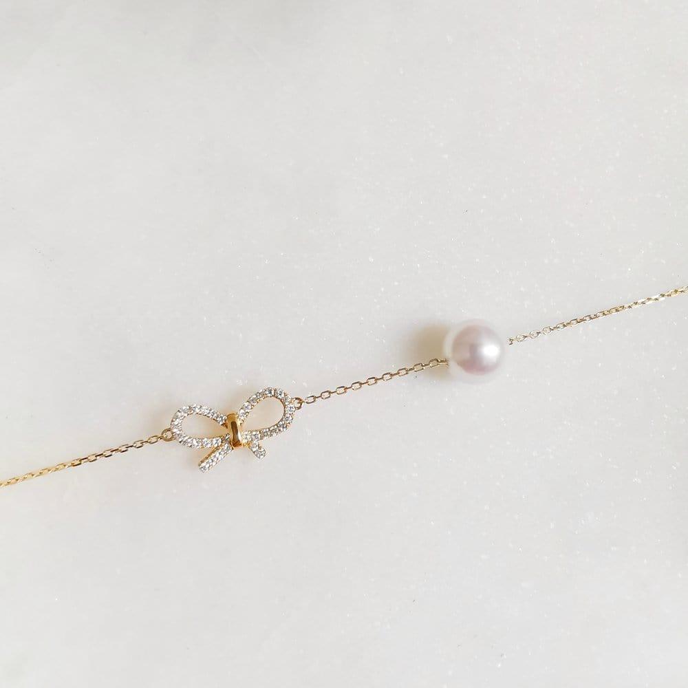 14k Gold Bow Heart Pearl Bracelet - JBR Jeweler