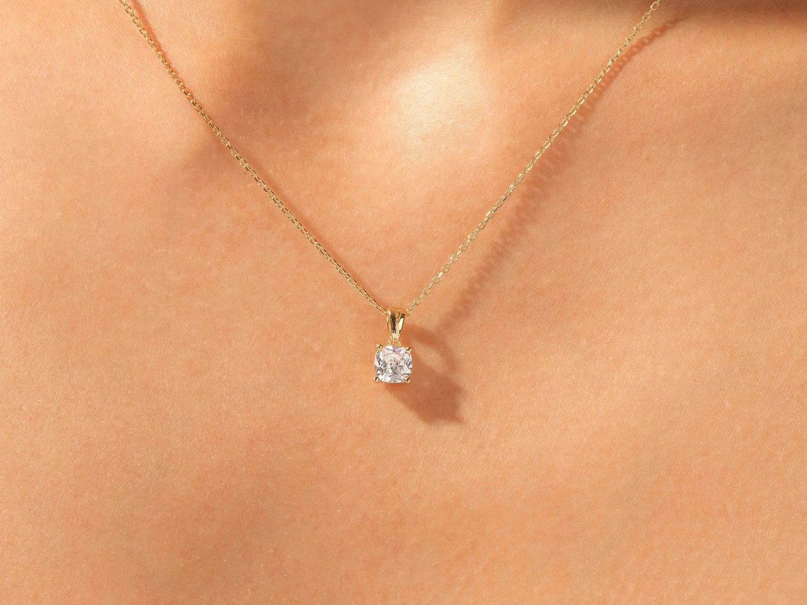 14k Gold Cushion Shaped Solitaire Moissanite Diamond Pendant Necklace - JBR Jeweler