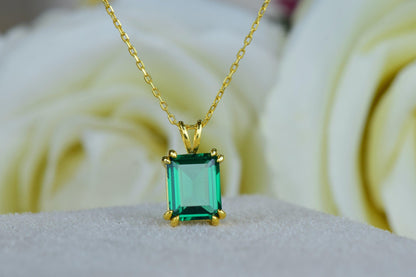 14K Gold Emerald Cut Green Gemstone May Birthstone Pendant Necklace for Gift - JBR Jeweler