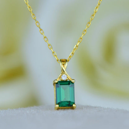 14K Gold Emerald Cut Solid Necklace Pendant Dainty Emerald Necklace Gift For Her - JBR Jeweler