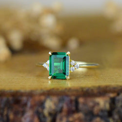 14K Gold Emerald Green Gemstone Promise Emerald Cut Birthstone Engagement Ring - JBR Jeweler