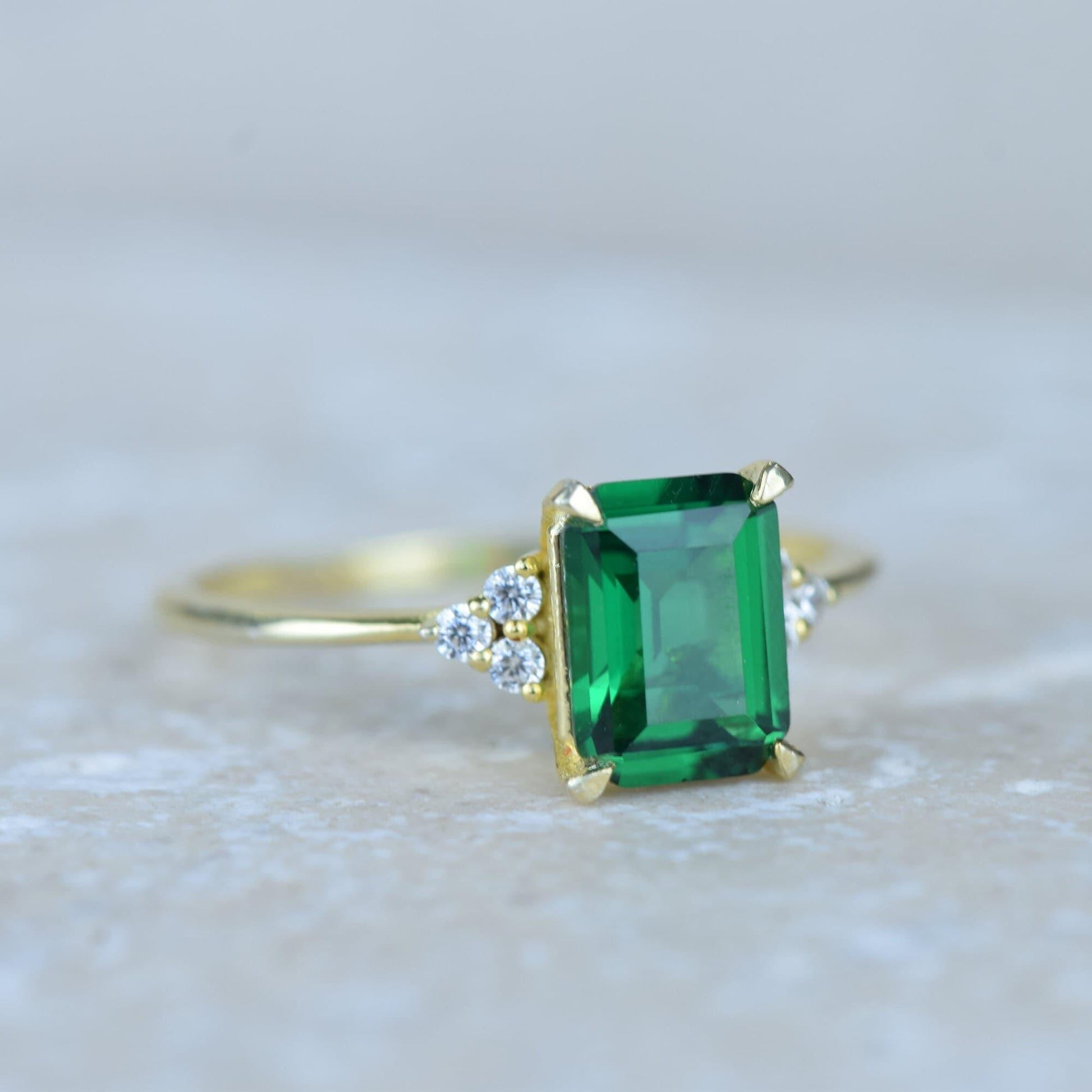 14K Gold Emerald Green Gemstone Promise Emerald Cut Birthstone Engagement Ring - JBR Jeweler