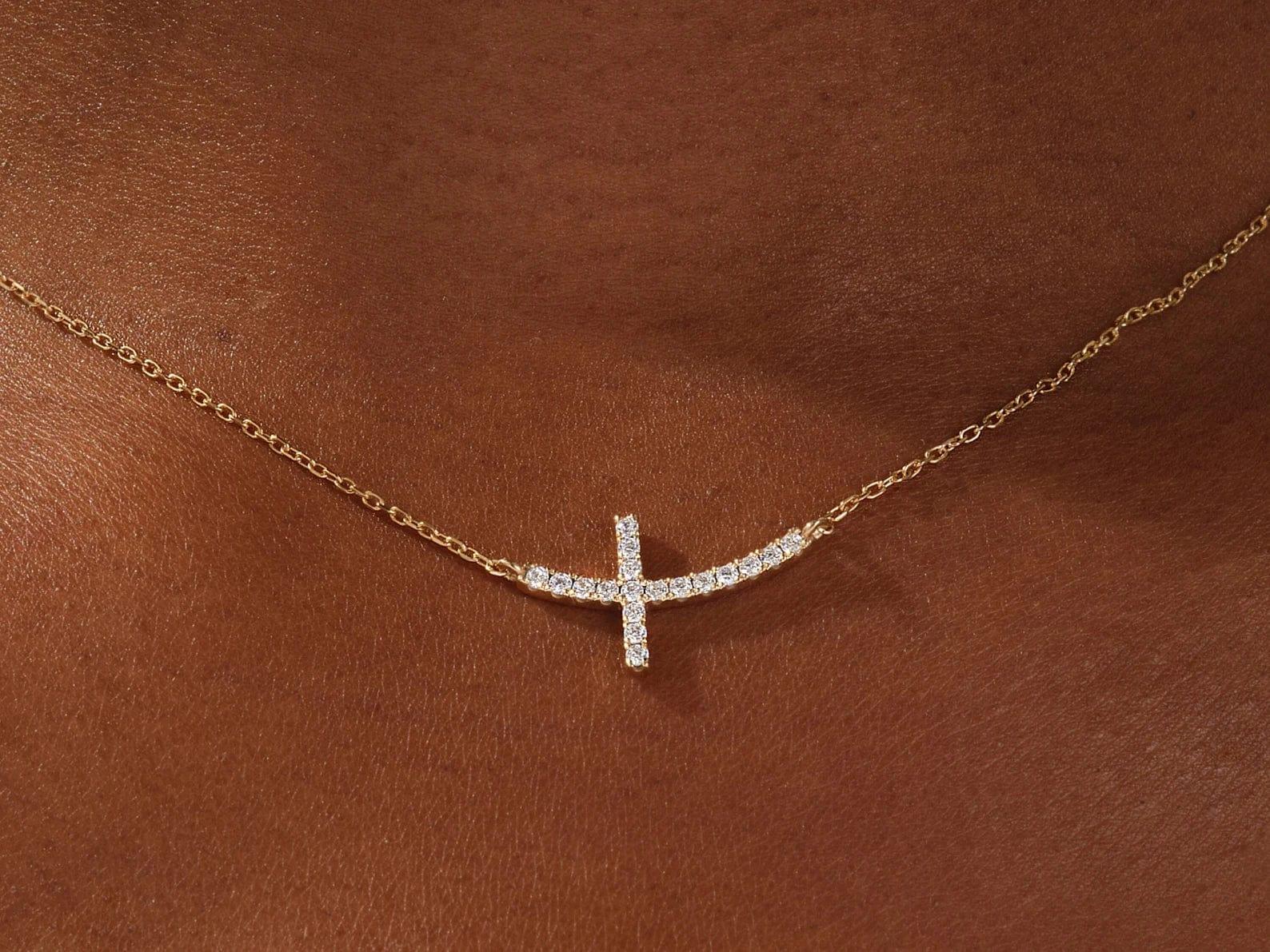 14k Gold Moissanite Diamonds Sideways Cross Necklace – JBR Jeweler