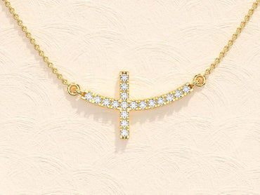 14k Gold Moissanite Diamonds Sideways Cross Necklace - JBR Jeweler