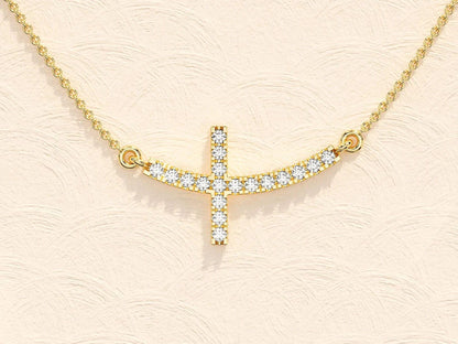 14k Gold Moissanite Diamonds Sideways Cross Necklace - JBR Jeweler