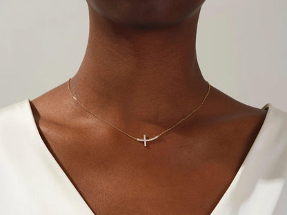 14k Gold Moissanite Diamonds Sideways Cross Necklace - JBR Jeweler