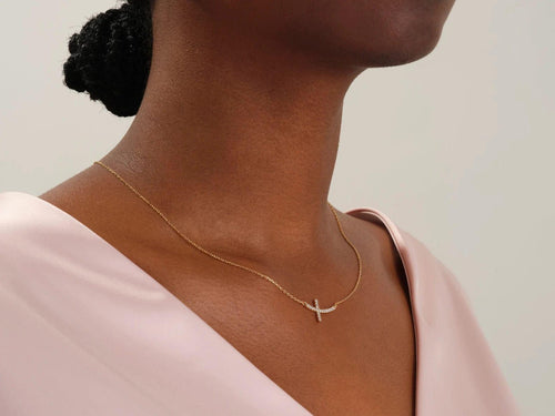 14k Gold Moissanite Diamonds Sideways Cross Necklace - JBR Jeweler