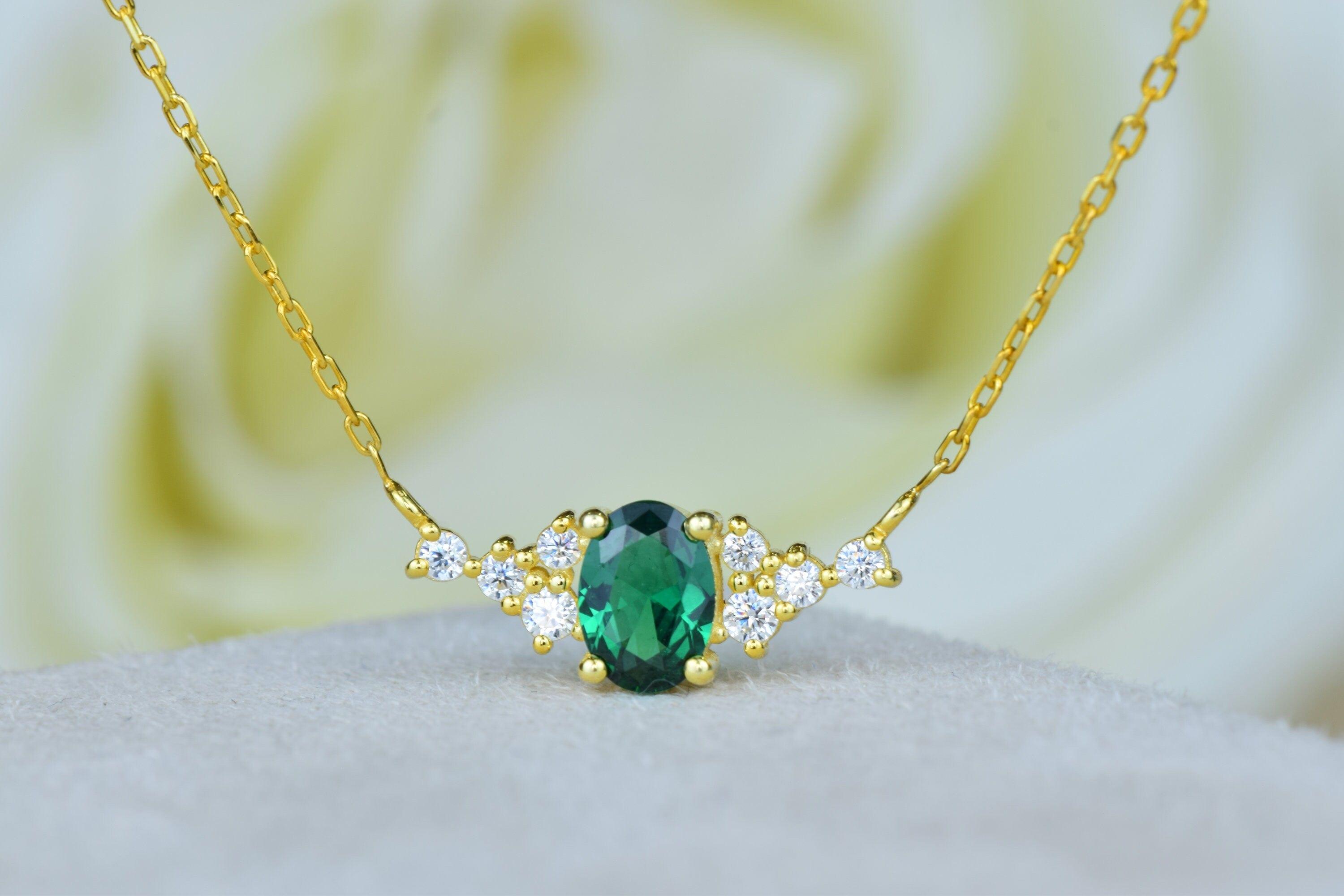 14k Gold Oval Cut Gemstone Emerald Pendant Chain Dainty Anniversary Necklace - JBR Jeweler