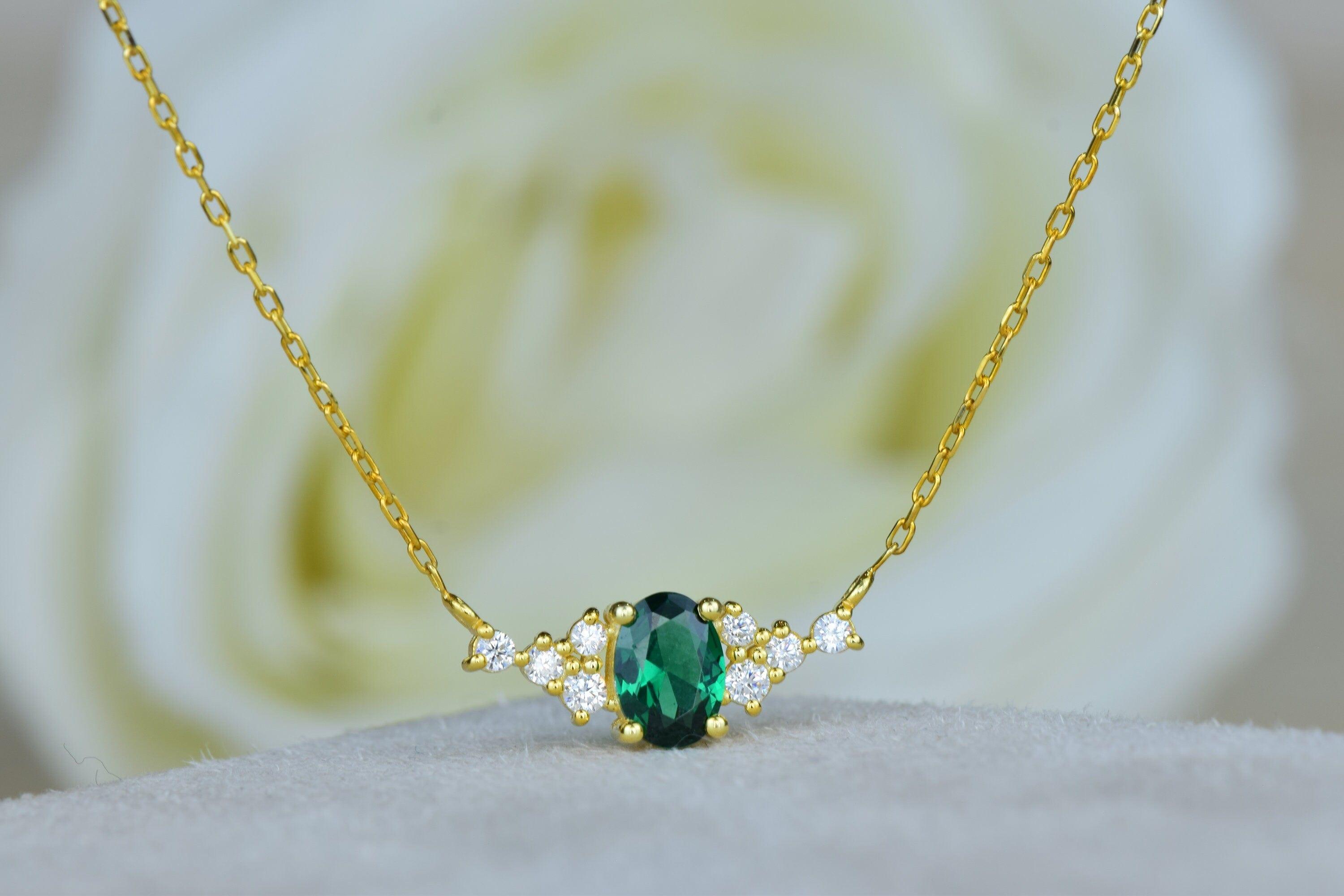 14k Gold Oval Cut Gemstone Emerald Pendant Chain Dainty Anniversary Necklace - JBR Jeweler
