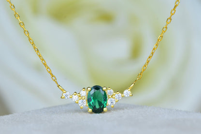 14k Gold Oval Cut Gemstone Emerald Pendant Chain Dainty Anniversary Necklace - JBR Jeweler