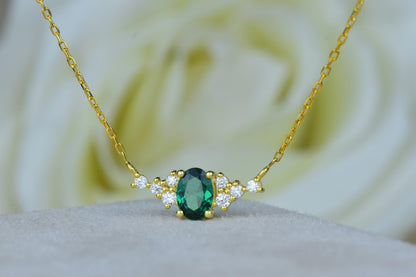 14k Gold Oval Cut Gemstone Emerald Pendant Chain Dainty Anniversary Necklace - JBR Jeweler