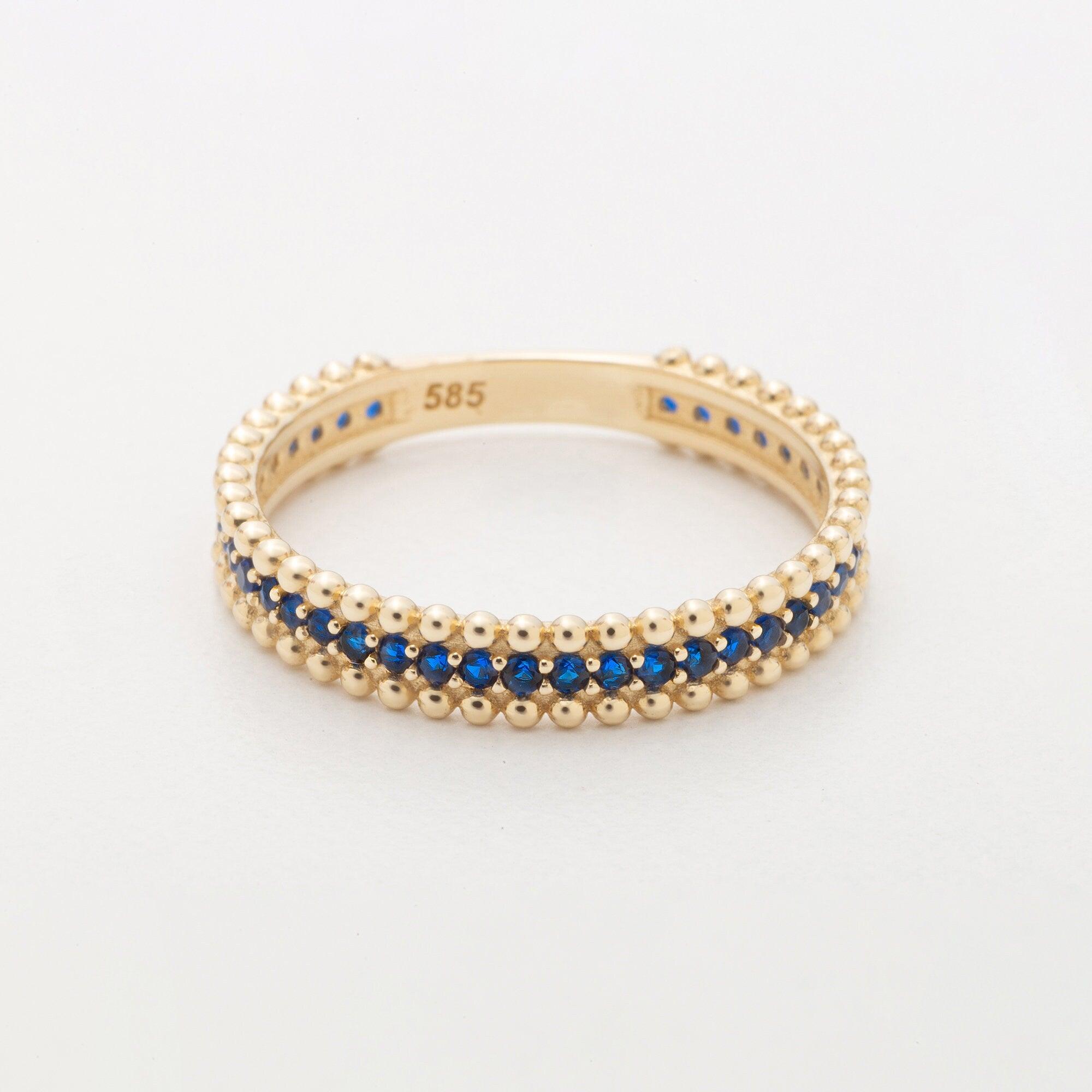 14k Gold Sapphire Eternity Band Ring Beaded Sapphire Dainty Bridal Band for Women - JBR Jeweler