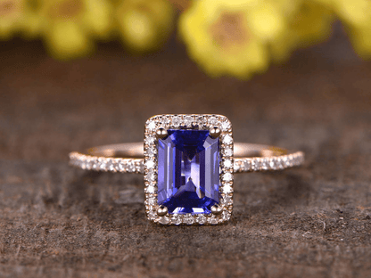 14k Rose Gold 3Ct Emerald Cut Tanzanite Halo Engagement Ring - JBR Jeweler