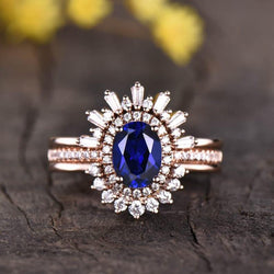 14K rose gold Blue Sapphire Bridal set diamond wedding Ring - JBR Jeweler