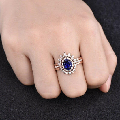 14K rose gold Blue Sapphire Bridal set diamond wedding Ring - JBR Jeweler