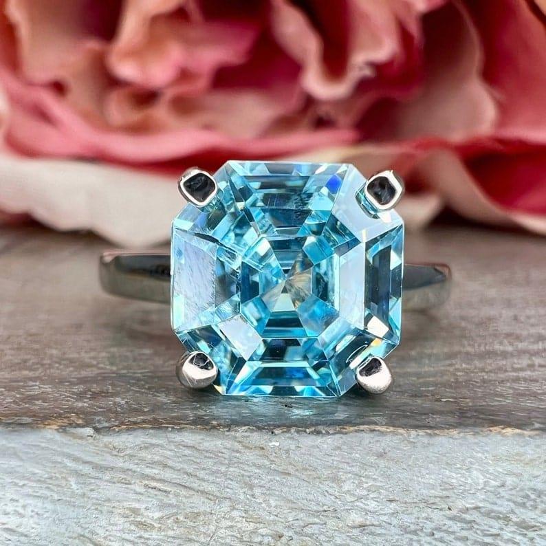 14K Solid Gold Asscher Cut Aquamarine Engagement March Birthstone Ring For Gift - JBR Jeweler