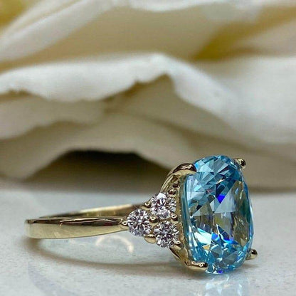 14K Solid Gold Cushion Cut Aquamarine Engagement March Birthstone Ring - JBR Jeweler