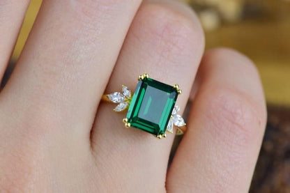 14K Solid Gold Emerald Cut Engagement Green Promise May Birthstone Ring For Gift - JBR Jeweler