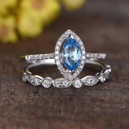 14K Solid Gold Marquise Natural Swiss Blue Topaz Gemstone Wedding Ring - JBR Jeweler