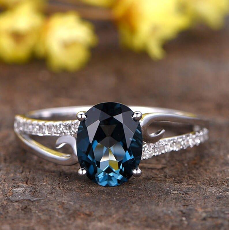 14K Solid Gold Oval Cut London Blue Topaz Ring 7 US Sterling Silver