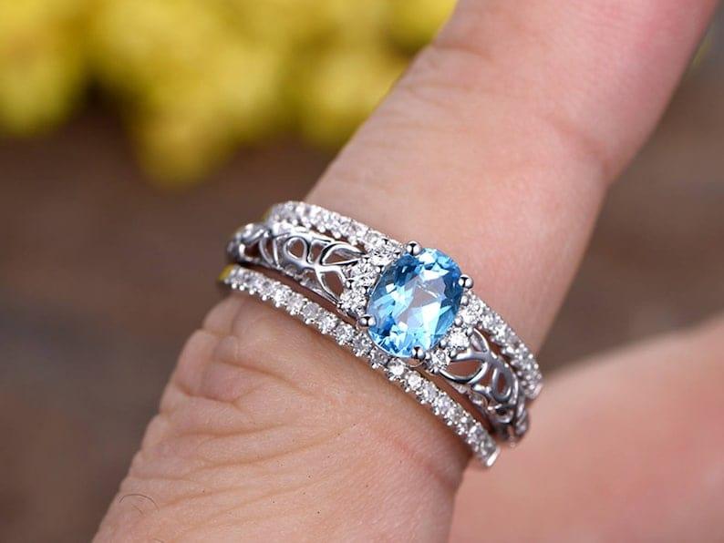 14K Solid Gold Oval Cut Natural Swiss Blue Topaz Gemstone Wedding Ring - JBR Jeweler
