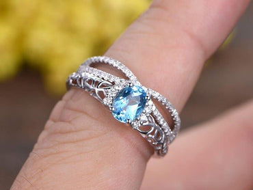 14K Solid Gold Oval Cut Natural Swiss Blue Topaz Gemstone Wedding Ring - JBR Jeweler