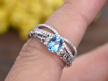 14K Solid Gold Oval Cut Natural Swiss Blue Topaz Gemstone Wedding Ring - JBR Jeweler