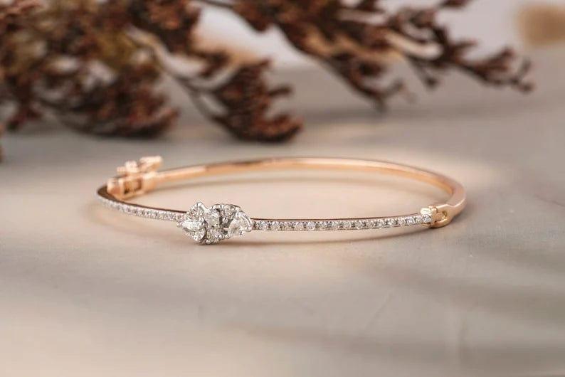 14k Solid Gold Pear and Round Diamond Bangle Bracelet - JBR Jeweler