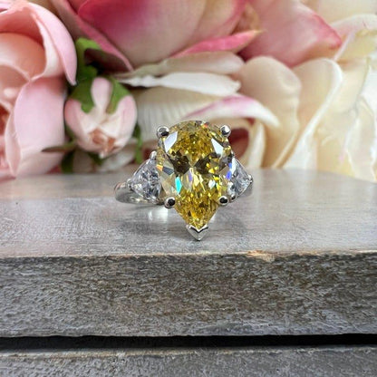 14K Solid Gold Pear Cut Yellow Topaz Three Stone Gemstone Ring - JBR Jeweler