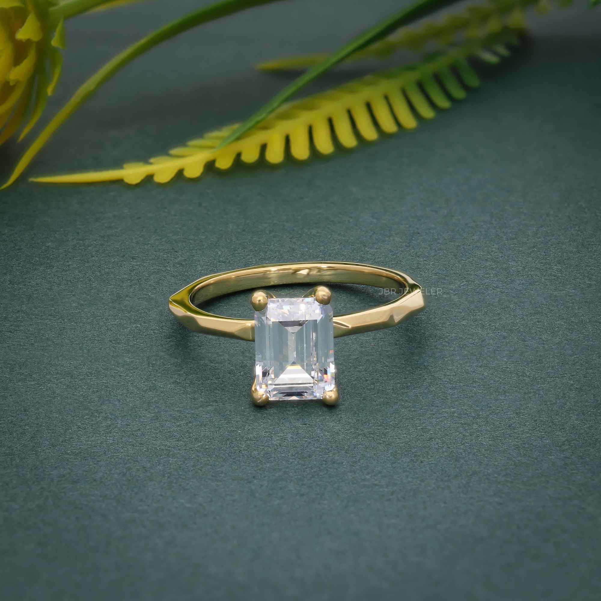 Squared edges Emerald Moissanite Diamond Solitaire Ring