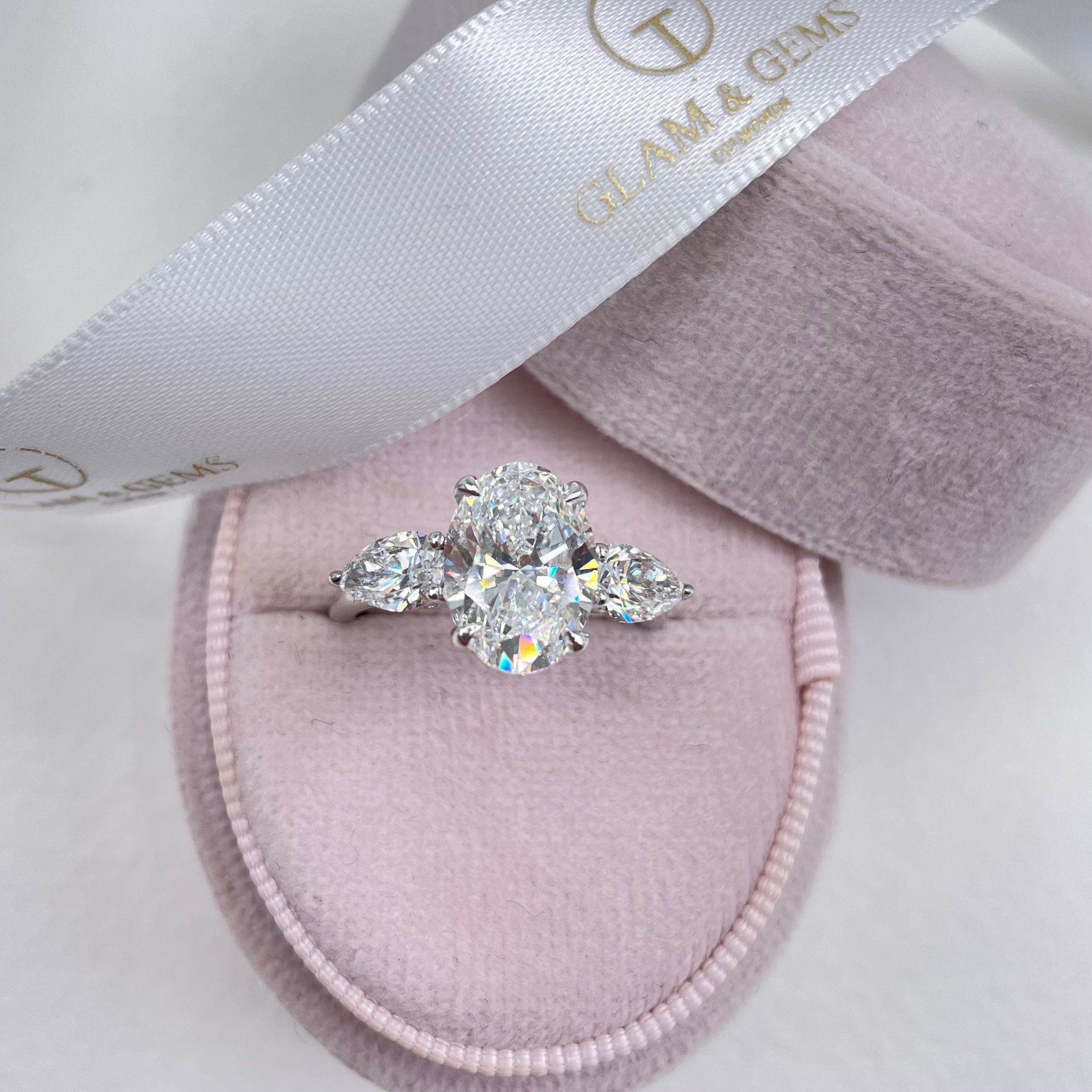 14k Gold 3 CT Oval Cut Three Stone Set Engagement Ring Pear Side Diamond Promise Ring - JBR Jeweler