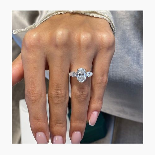 14k Gold 3 CT Oval Cut Three Stone Set Engagement Ring Pear Side Diamond Promise Ring - JBR Jeweler