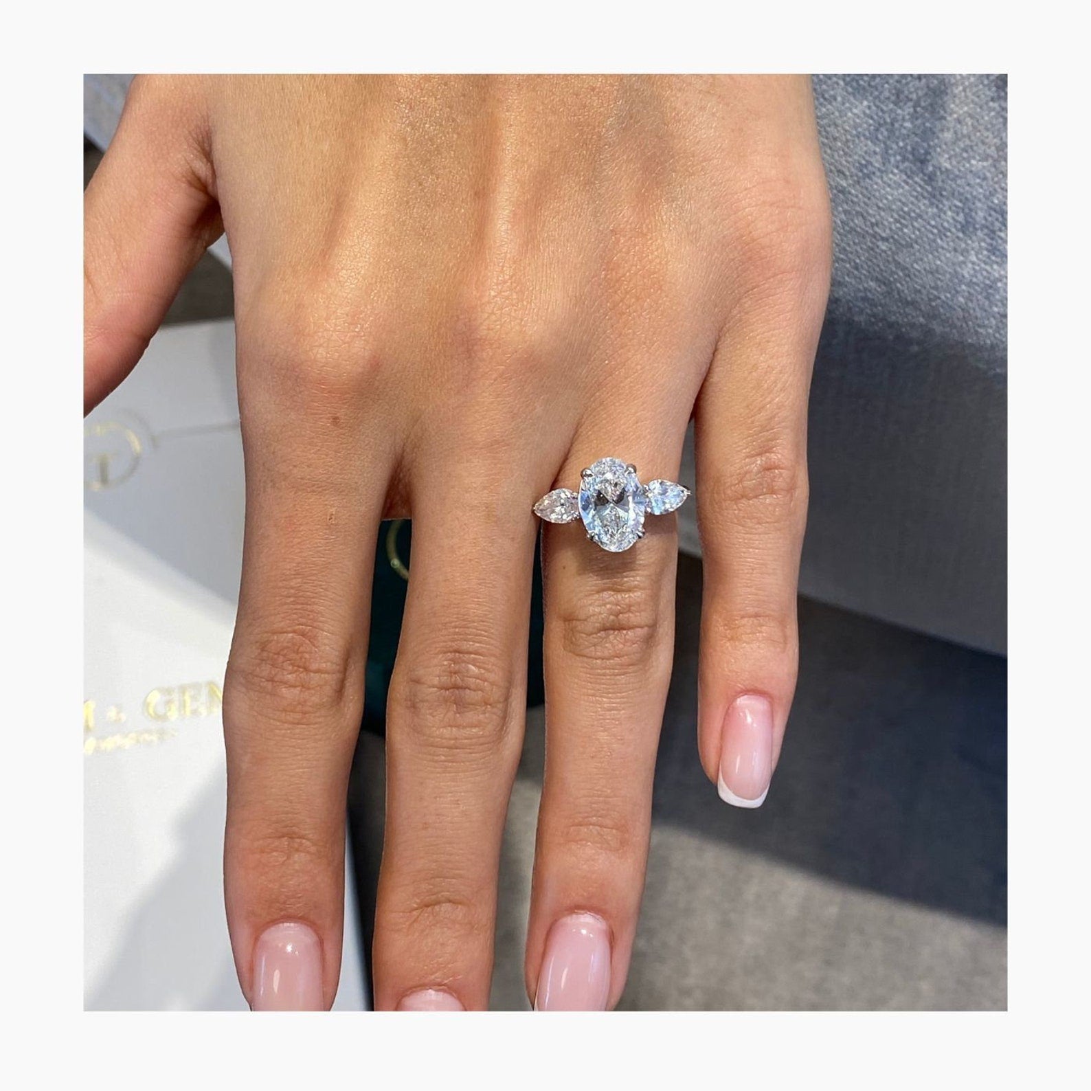 14k Gold 3 CT Oval Cut Three Stone Set Engagement Ring Pear Side Diamond Promise Ring - JBR Jeweler