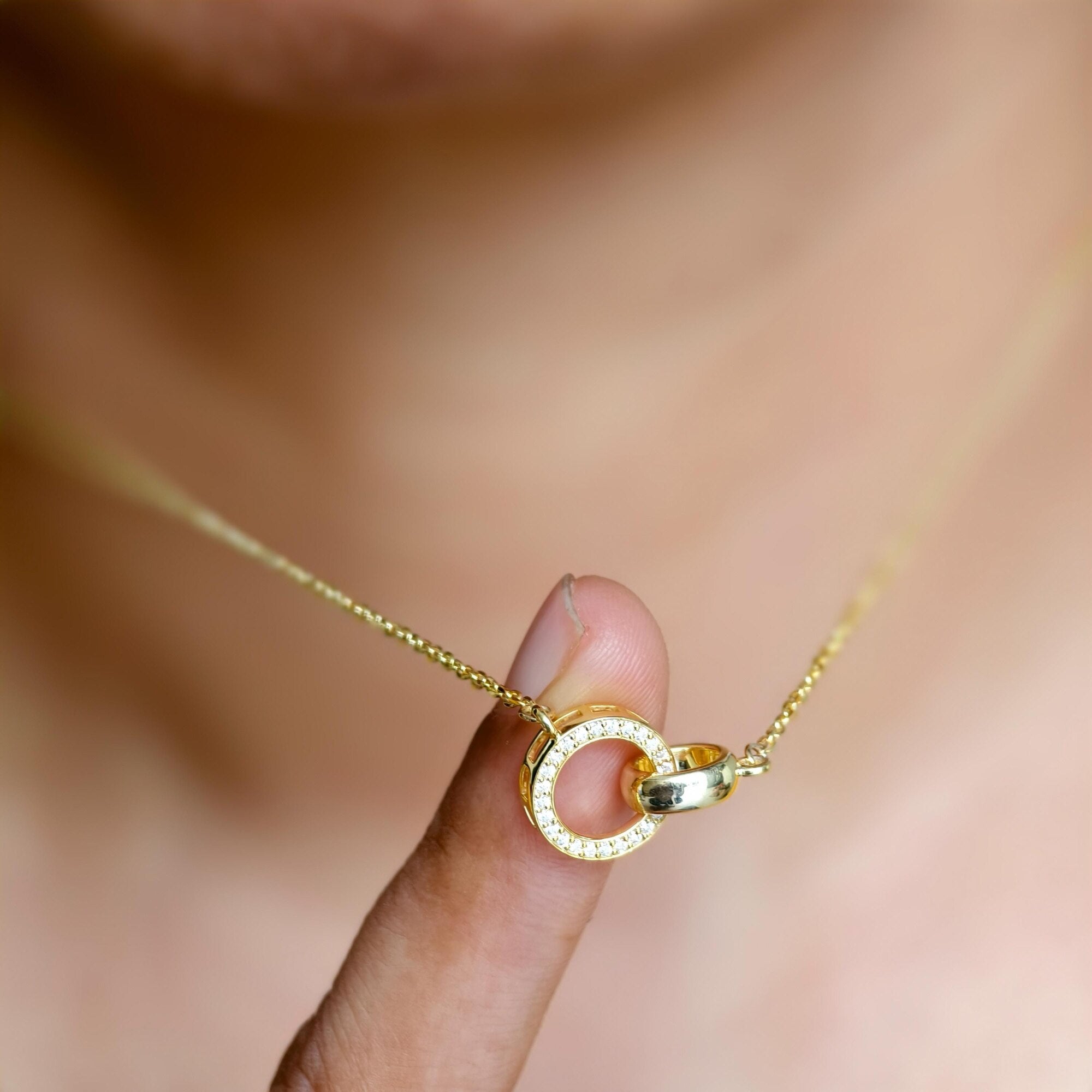14k Gold Double Circle Moissanite Diamond Interlocking Rings Pendant, Dainty Anniversary Gift for Her - JBR Jeweler