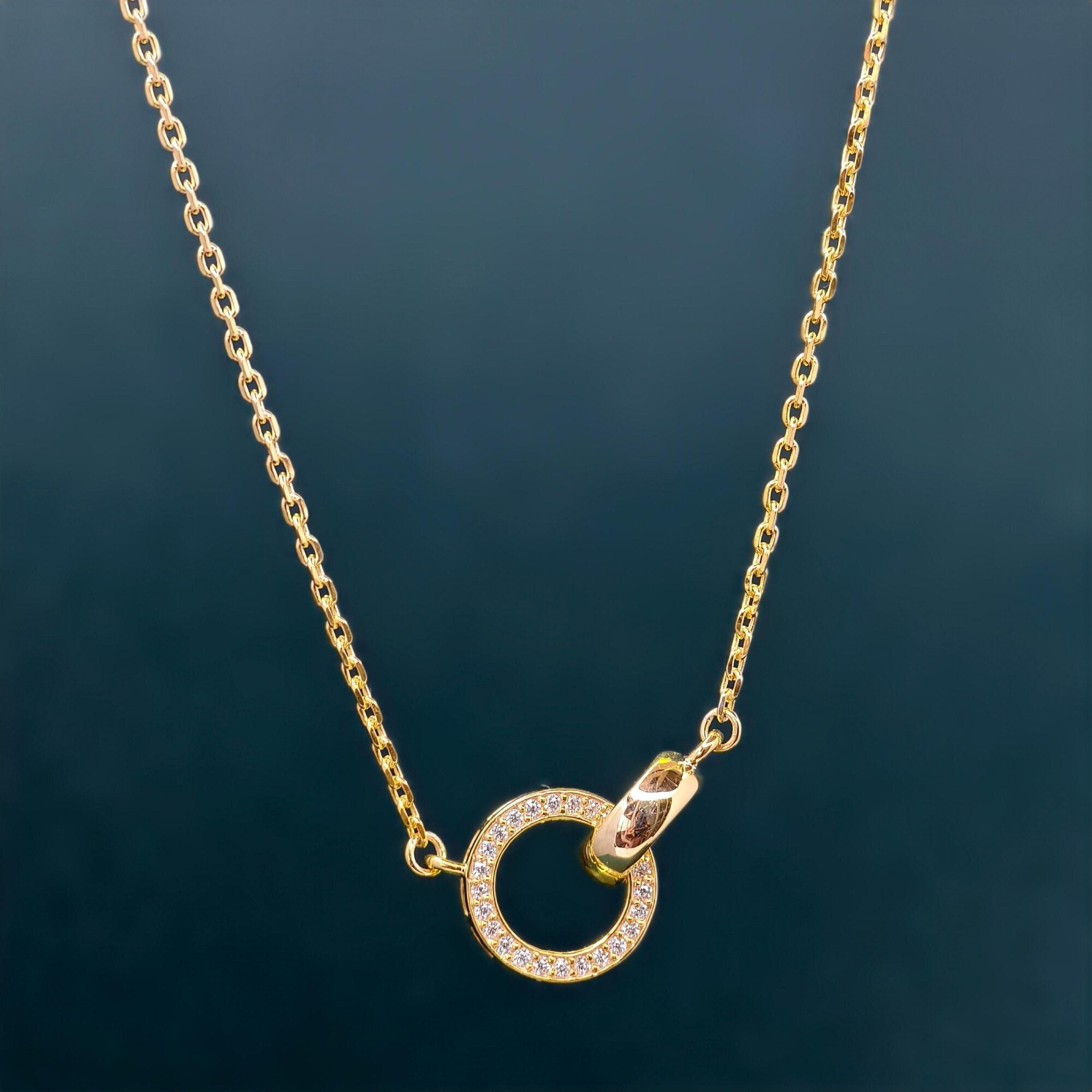 14k Gold Double Circle Moissanite Diamond Interlocking Rings Pendant, Dainty Anniversary Gift for Her - JBR Jeweler