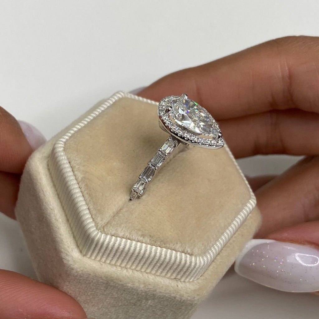 14k Gold Pear Cut 4.30 CT Lab Created Diamond Halo Proposal Engagement Ring, Baguette Band Ring - JBR Jeweler