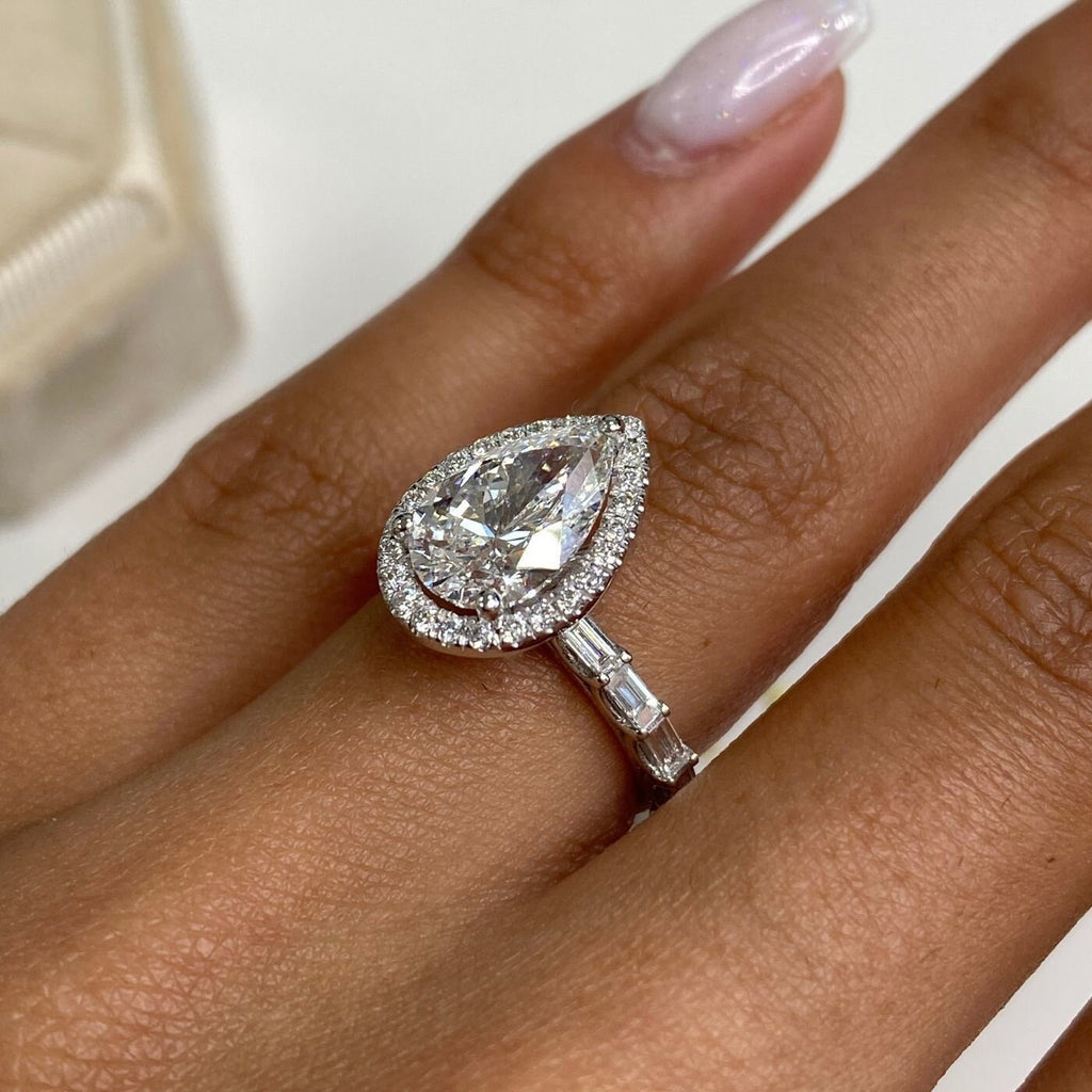 14k Gold Pear Cut 4.30 CT Lab Created Diamond Halo Proposal Engagement Ring, Baguette Band Ring - JBR Jeweler