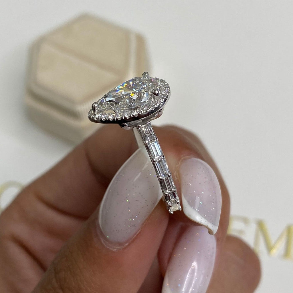 14k Gold Pear Cut 4.30 CT Lab Created Diamond Halo Proposal Engagement Ring, Baguette Band Ring - JBR Jeweler