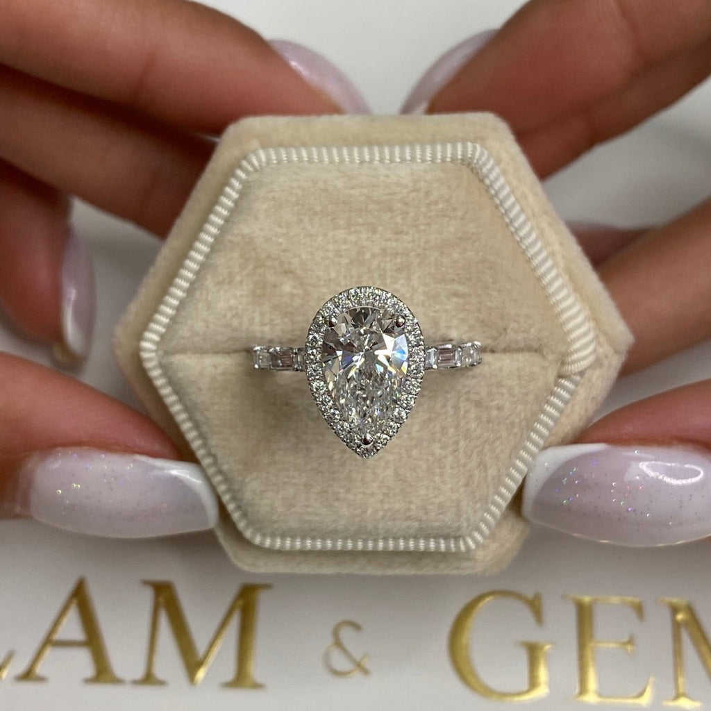 14k Gold Pear Cut 4.30 CT Lab Created Diamond Halo Proposal Engagement Ring, Baguette Band Ring - JBR Jeweler