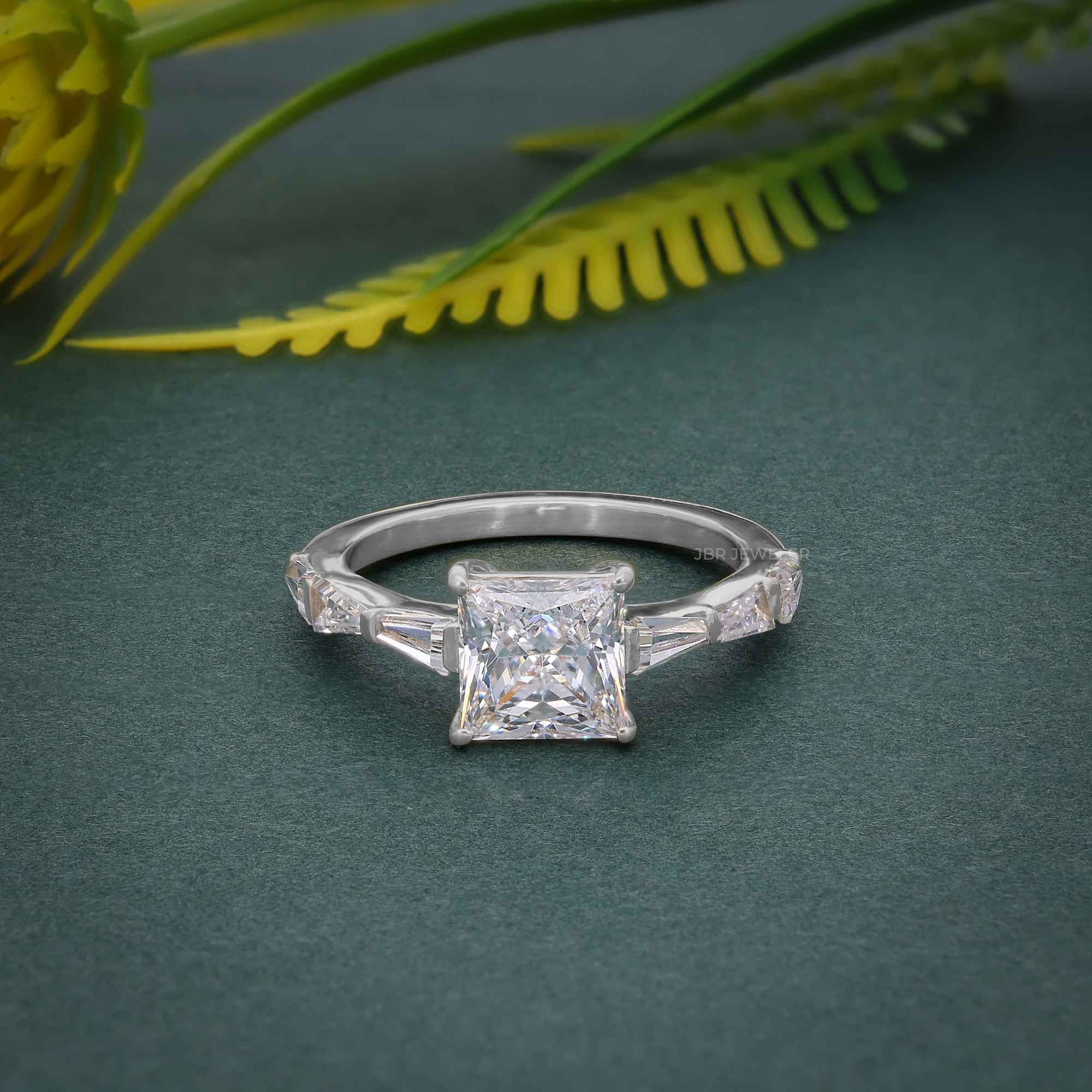 Princess Cut Moissanite Engagement Ring with Side Stone Baguette - JBR Jeweler