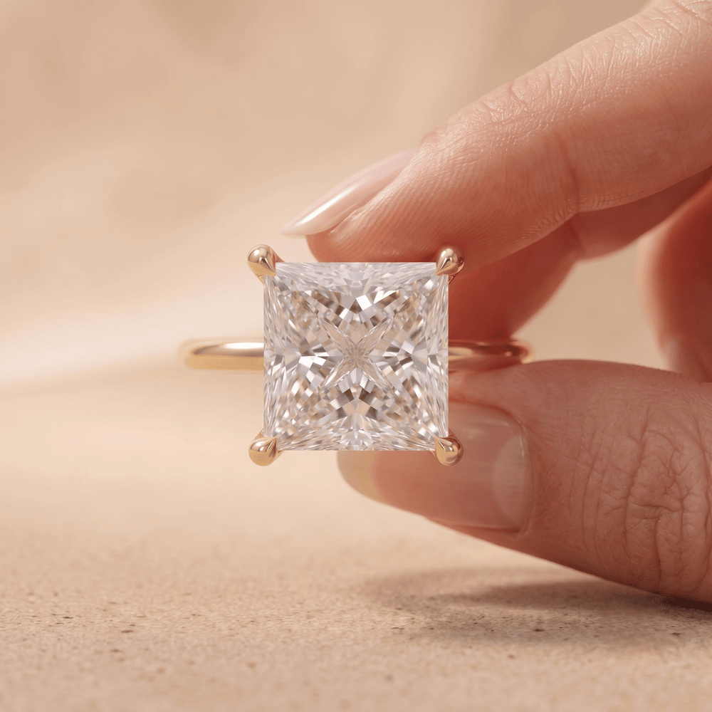 Lab grown diamond princess cut ring on model hand