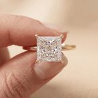 Lab grown diamond princess cut ring on model hand