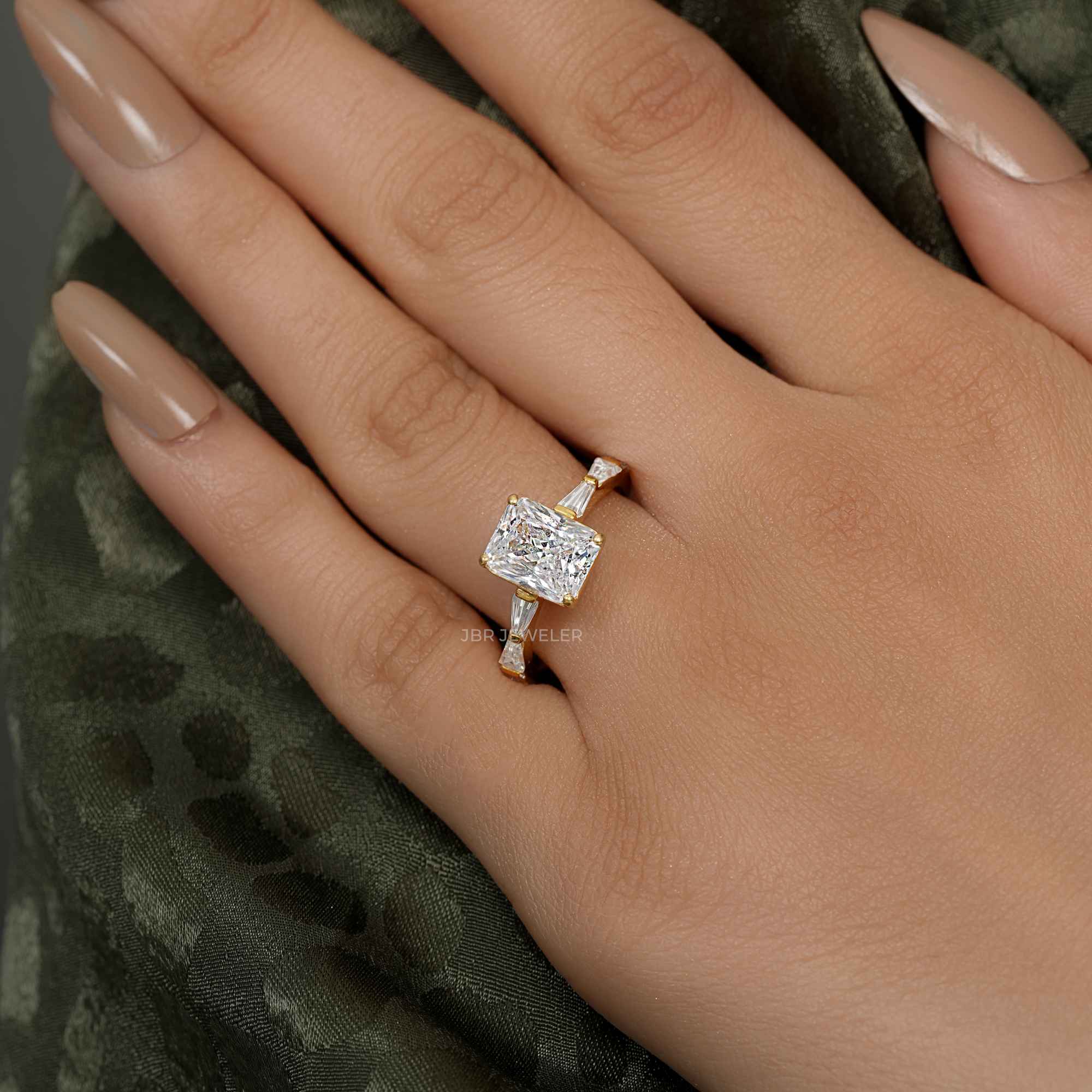 Radiant Lab Grown Diamond Engagement Ring with Side Stone Baguette - JBR Jeweler