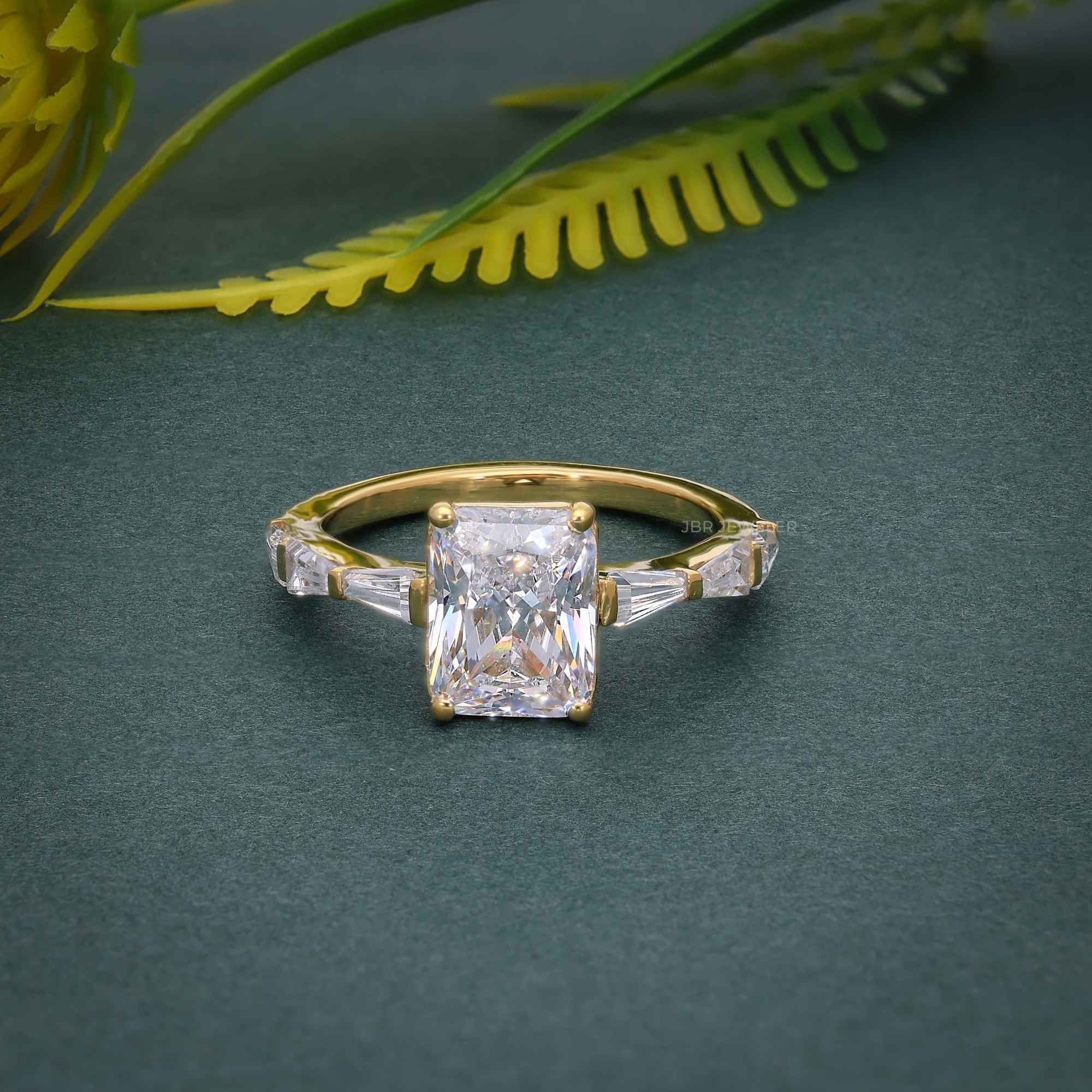 Radiant Cut Moissanite Engagement Ring with Side Stone Baguette - JBR Jeweler