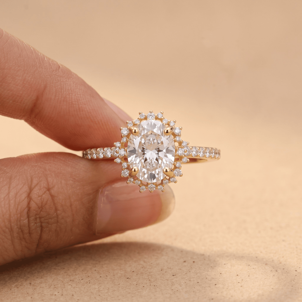 14k gold oval halo ring with lab diamond center