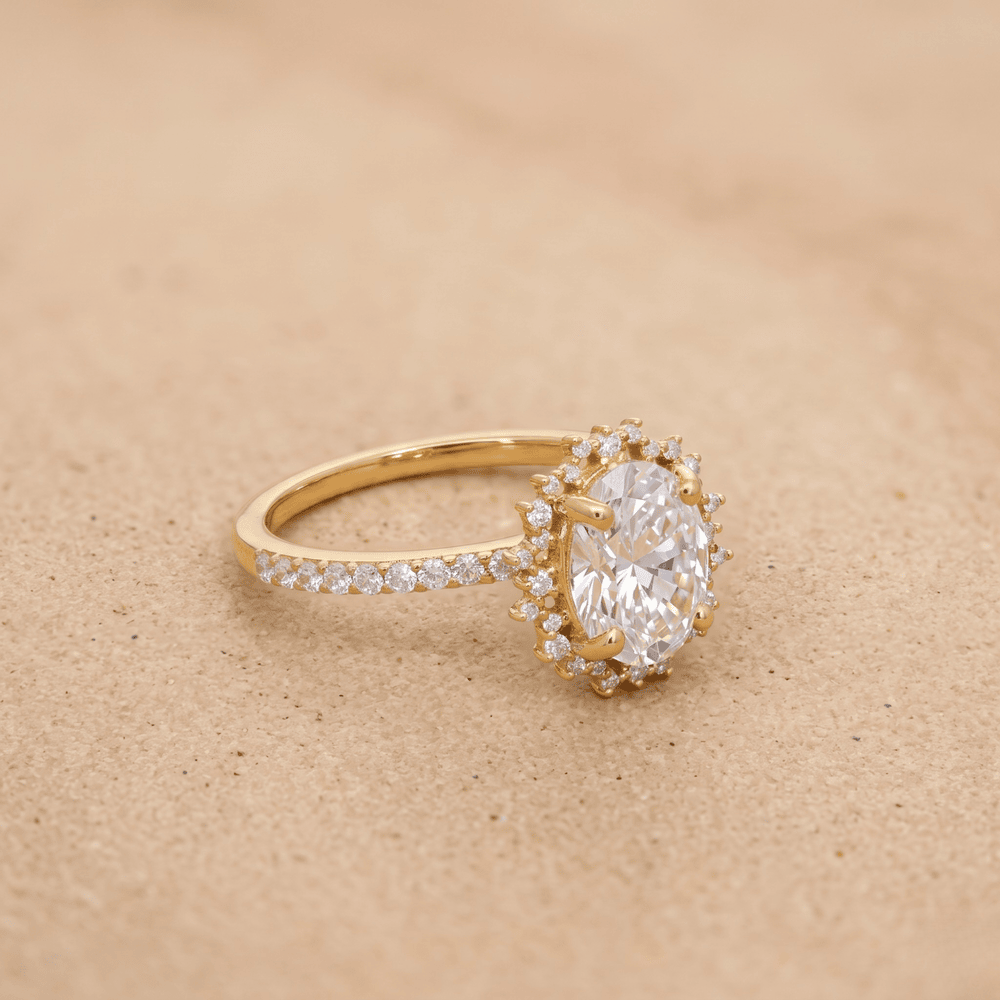 14k gold oval halo ring with lab diamond center