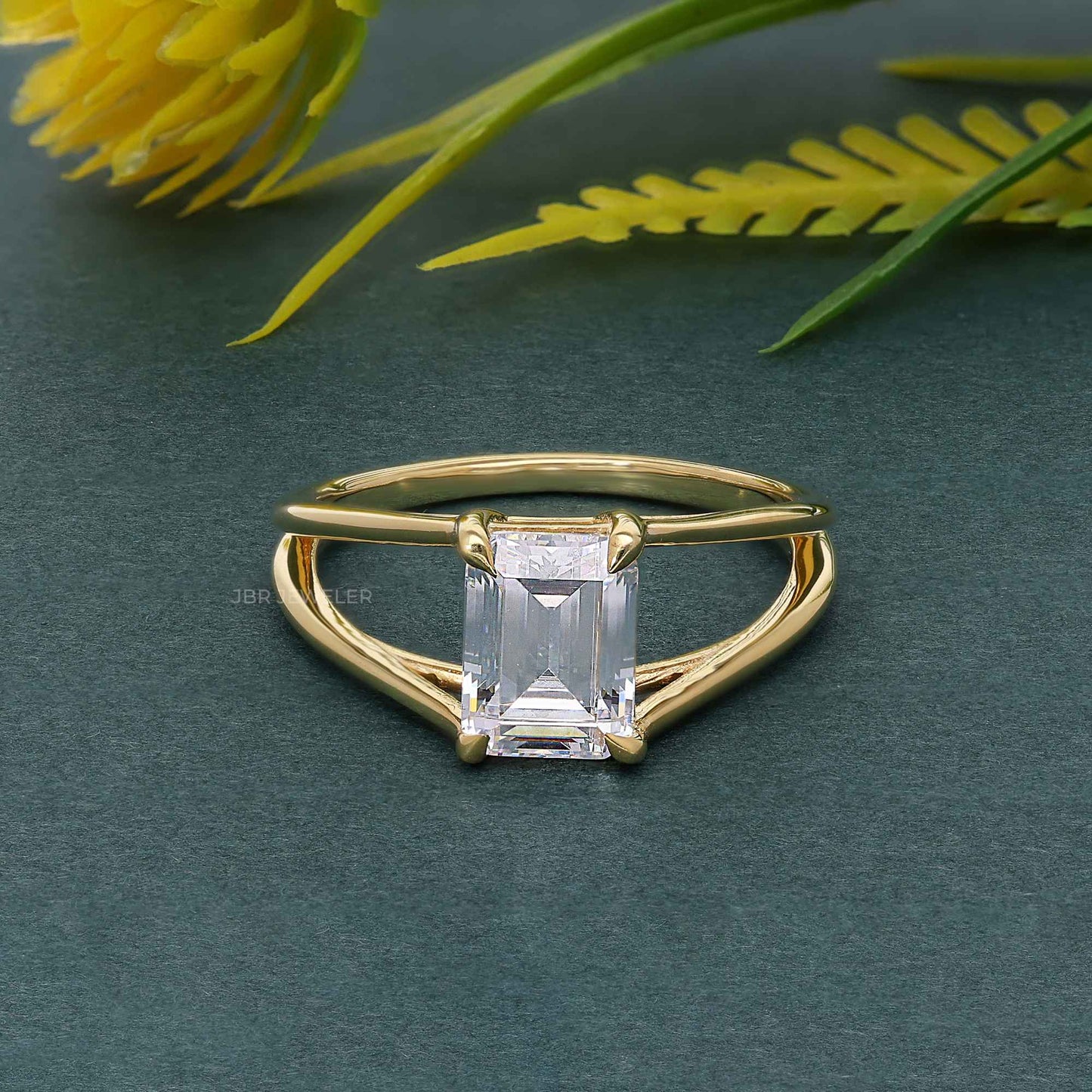 Split Band Emerald Cut Moissanite Diamond Solitaire Ring