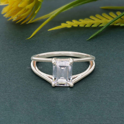 Split Band Emerald Cut Moissanite Diamond Solitaire Ring